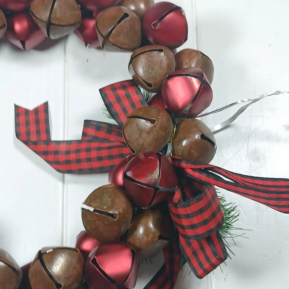 Red & Brown 13” Jingle Bell Metal Christmas Wreath, Holiday Decor Indoor Outdoor